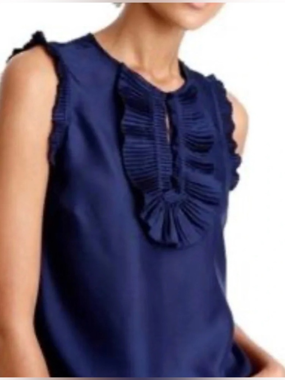 J.Crew Navy 100% Silk Pleated Ruffle Bib Sleeveless Blouse Top Size 8